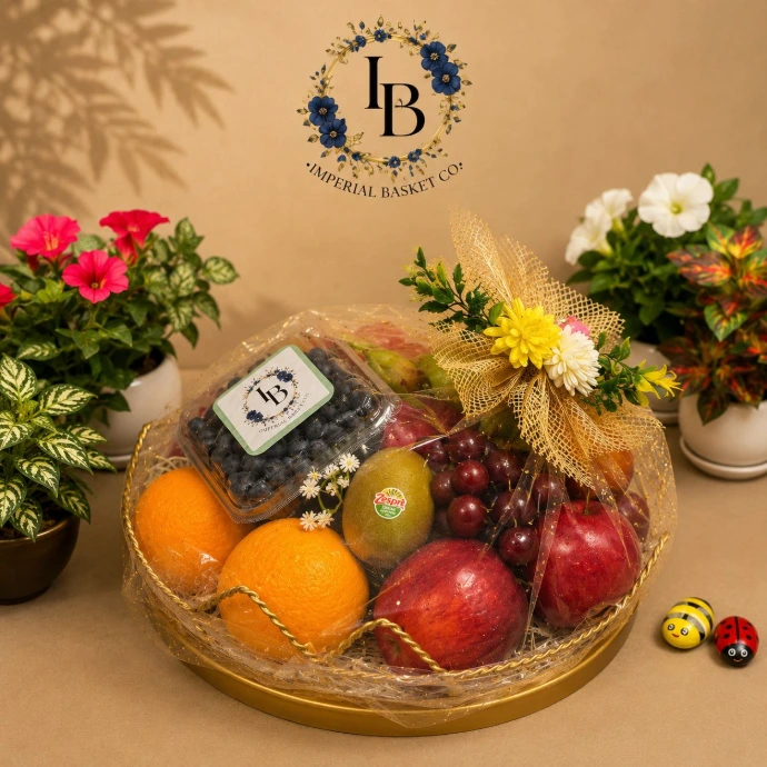 Luxury wedding fruit basket with fresh apples, oranges, kiwi and floral arrangement for wedding gifting