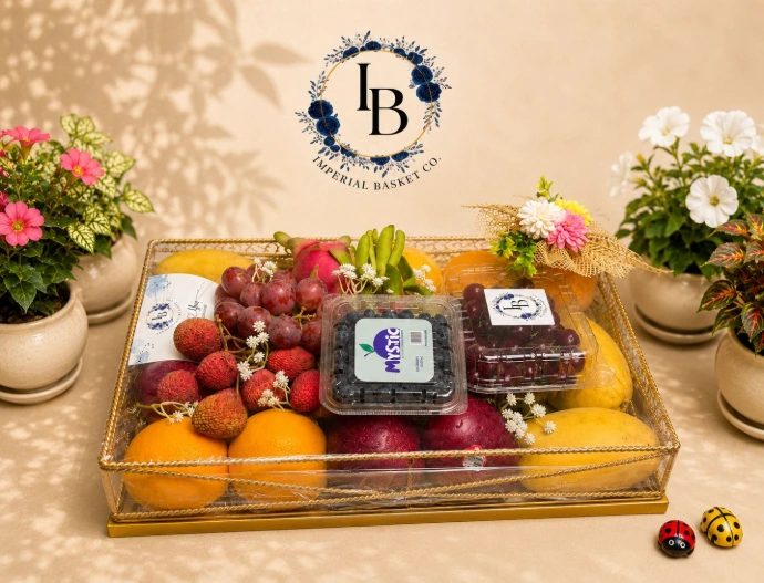 Imported fruit hamper featuring exotic fruits in a premium luxury gift basket